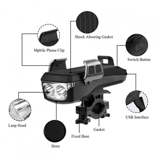 Επαναφορτιζόμενο Αδιάβροχο LED Φώς Ποδηλάτου με Κόρνα, Βάση Κινητού και Powerbank 4 σε 1 CK-2020