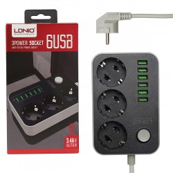 Πολύπριζο με 3 Πρίζες και 6 θύρες φόρτισης USB 3.4A
