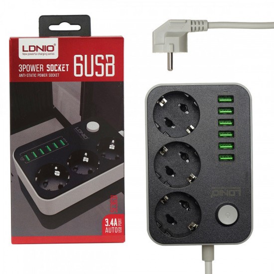 Πολύπριζο με 3 Πρίζες και 6 θύρες φόρτισης USB 3.4A